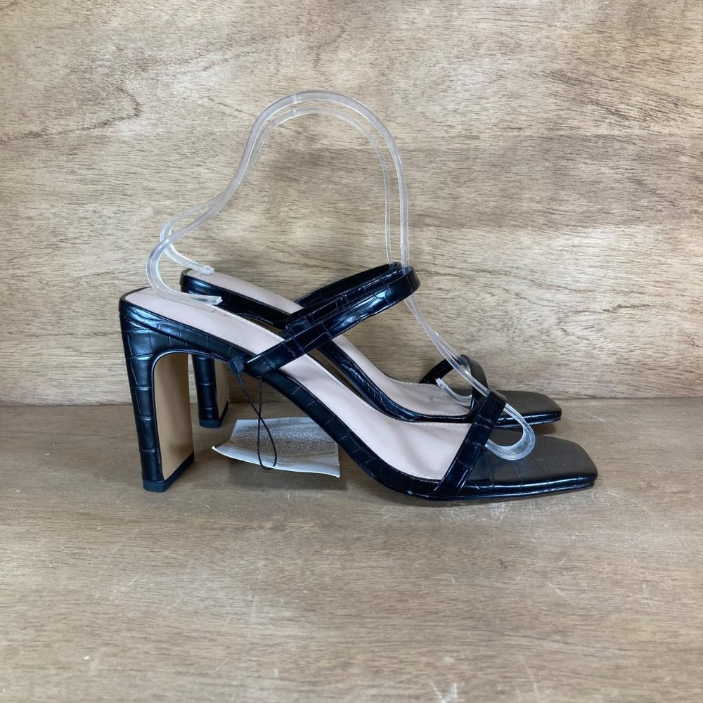 NEW The Drop Avery Square Toe Two Strap Black Women SZ 9 Slip-On Heeled Sandals